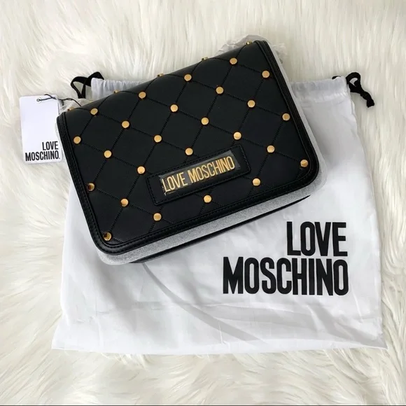 LOVE Moschino Borsa PU Nero Vegan Leather Studded Black Crossbody Bag NWT - Picture 4 of 15
